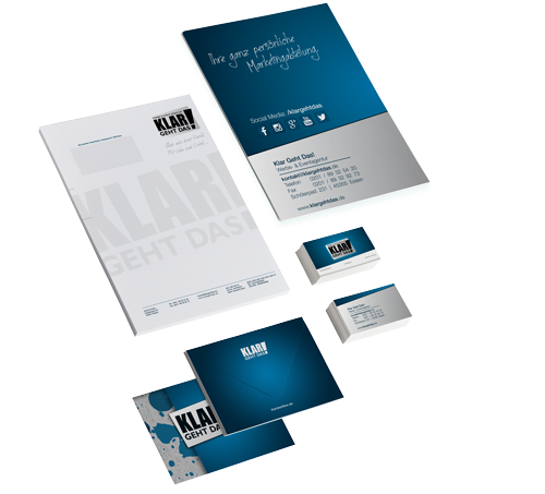 professionelle Corporate-Identity-Gestaltung – Visitenkarten, Briefpapier & Branding. hochwertige Geschäftsausstattung bestehend aus Visitenkarten, Briefpapier und Branding-Elementen von Klar Geht Das.