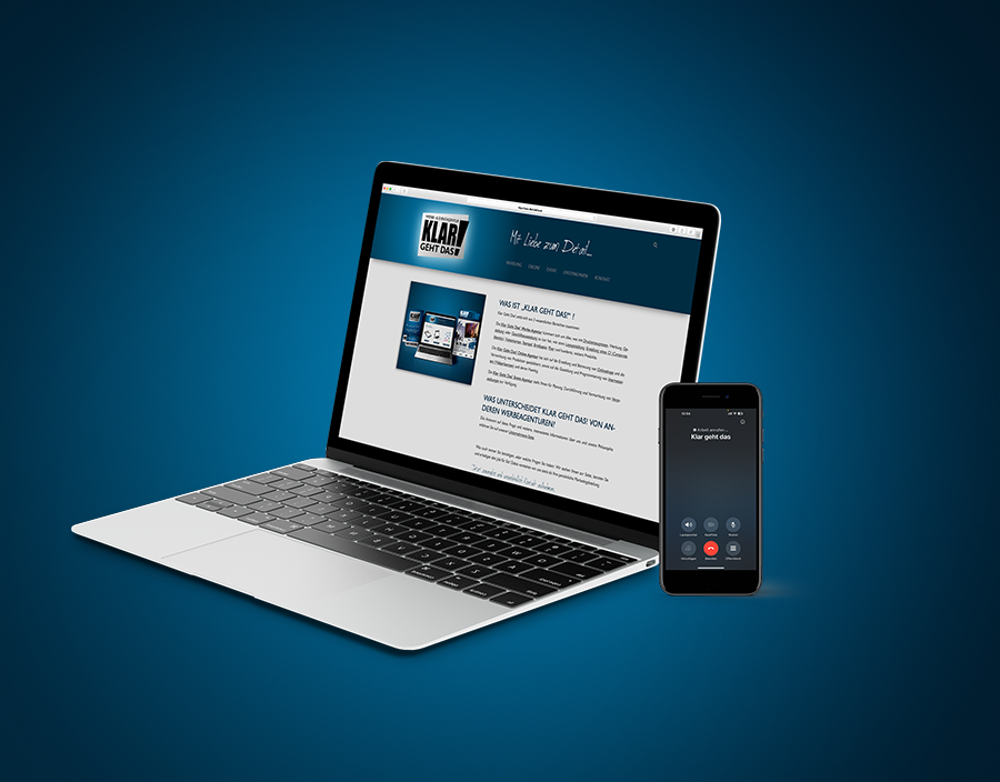 Klar Geht Das – Kontakt & Webdesign für Unternehmen Laptop mit geöffneter Website von "Klar Geht Das" und Smartphone mit Anrufbildschirm. Professionelle Werbeagentur für Corporate Identity, Webdesign und Geschäftsausstattung.